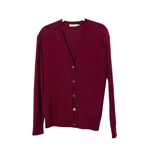 Tory Burch Madison merino wool logo button cardigan Size XS cherry maroon red - Picture 2 of 8